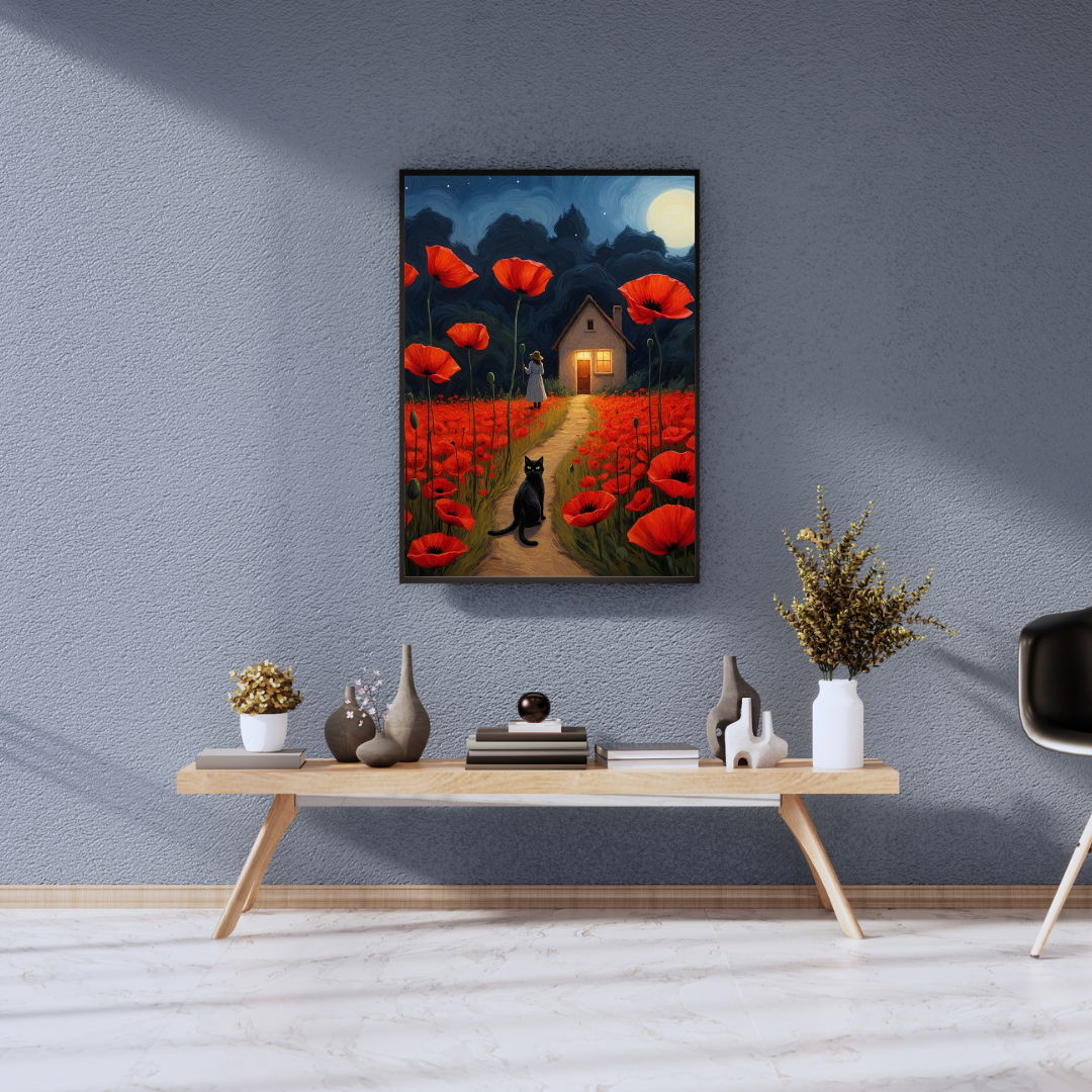 Canvas Print - Black Cat in a Field of Poppies