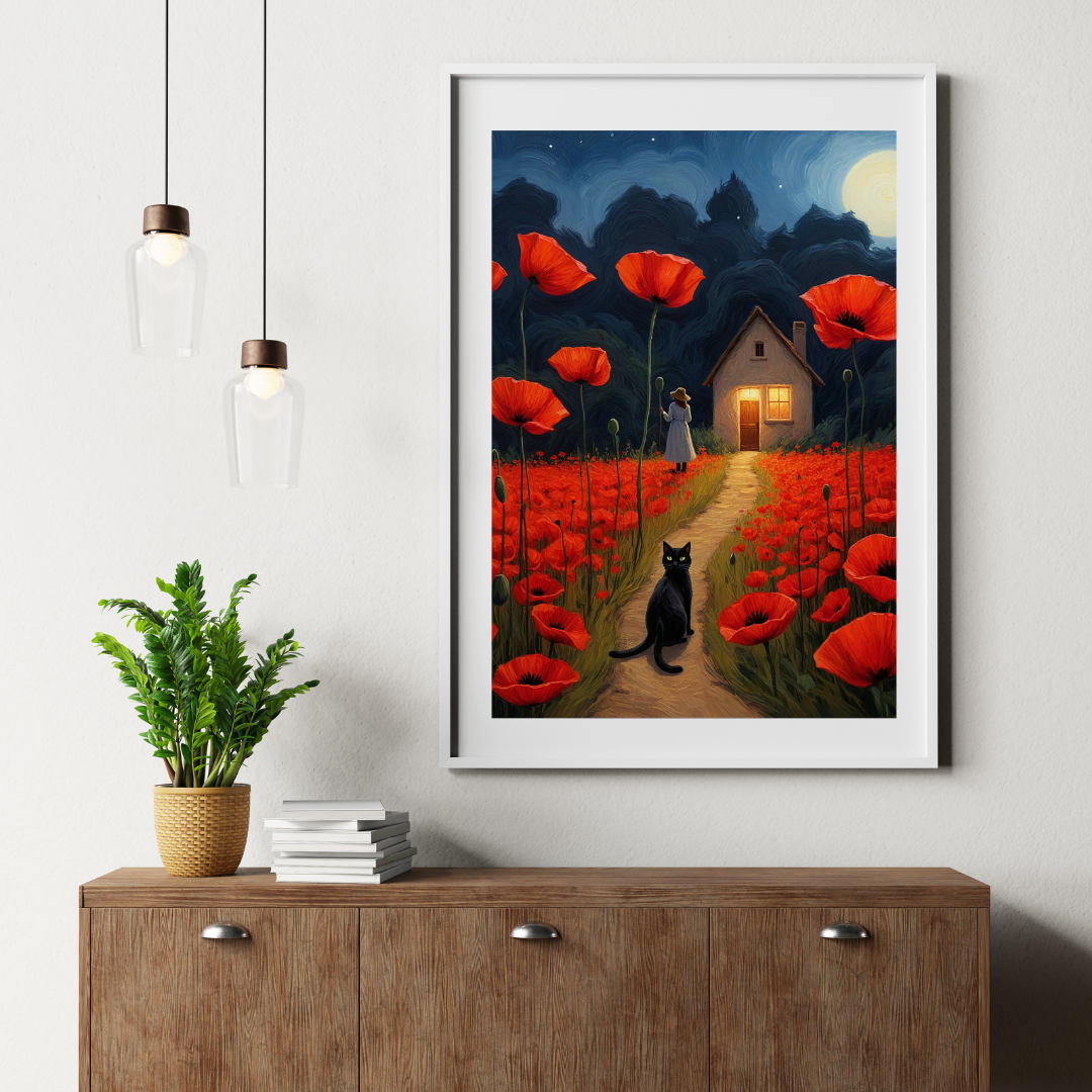 Canvas Print - Black Cat in a Field of Poppies