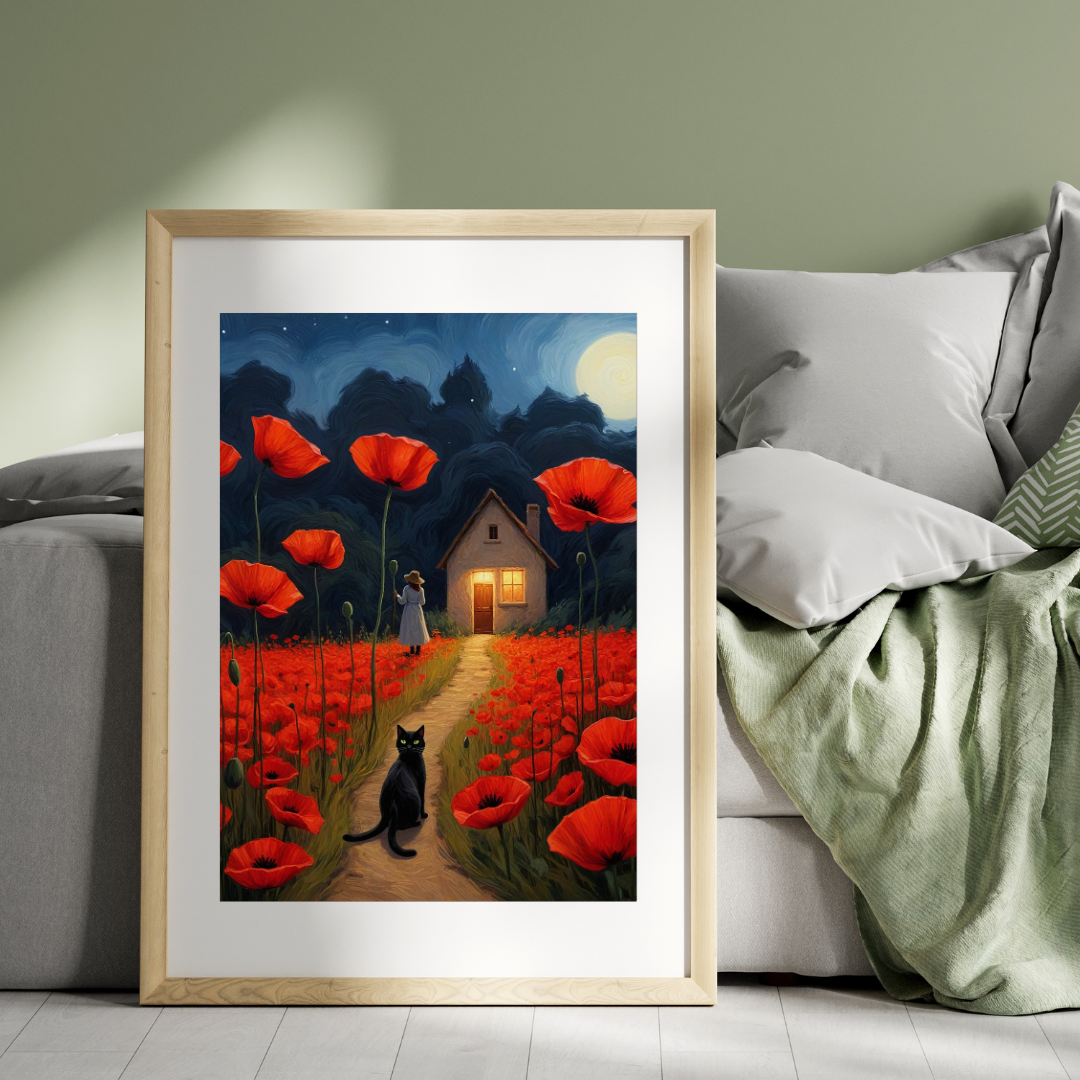 Canvas Print - Black Cat in a Field of Poppies