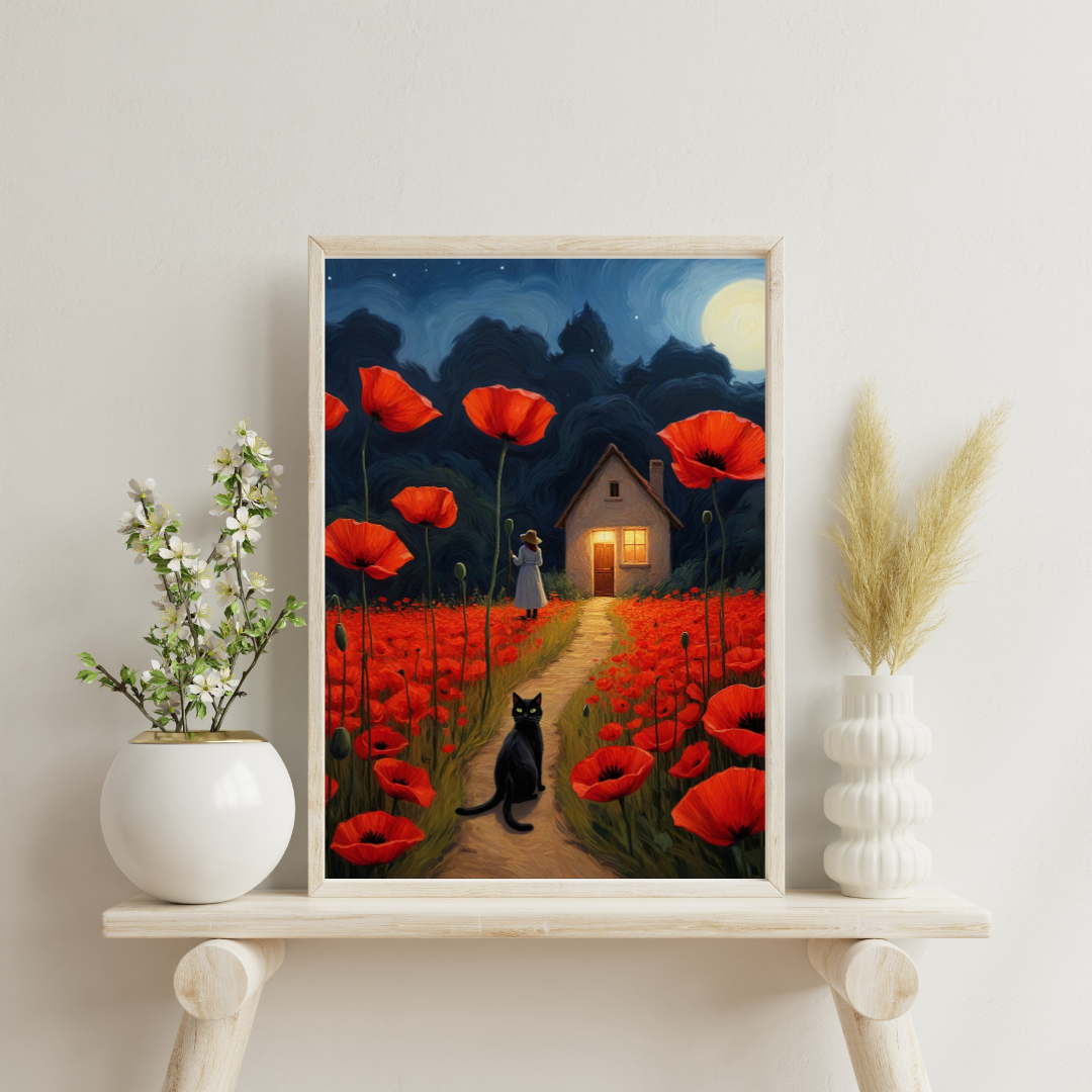 Canvas Print - Black Cat in a Field of Poppies