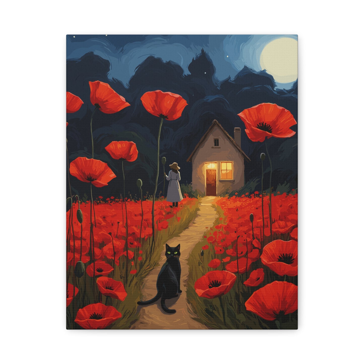 Canvas Print - Black Cat in a Field of Poppies