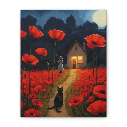 Canvas Print - Black Cat in a Field of Poppies